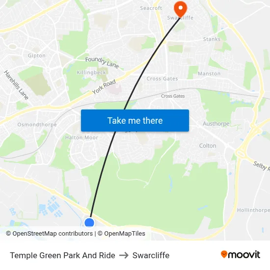 Temple Green Park And Ride to Swarcliffe map