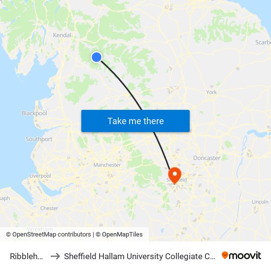 Ribblehead to Sheffield Hallam University Collegiate Campus map