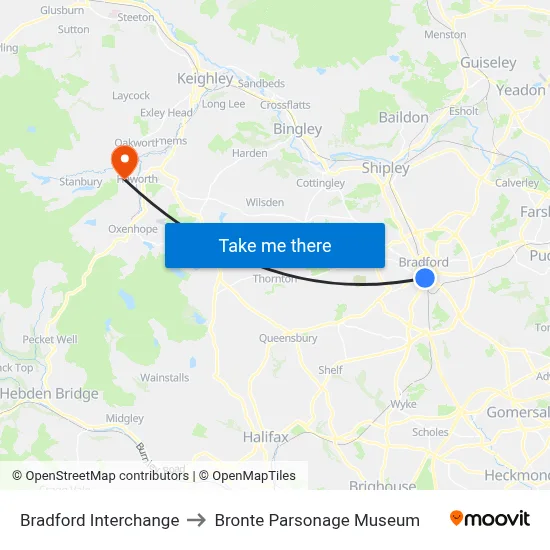 Bradford Interchange to Bronte Parsonage Museum map