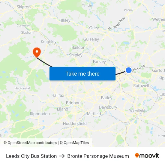 Leeds City Bus Station to Bronte Parsonage Museum map