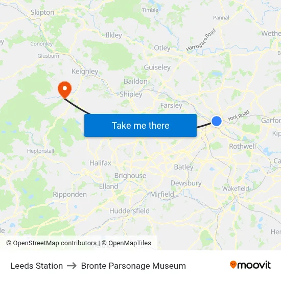 Leeds Station to Bronte Parsonage Museum map