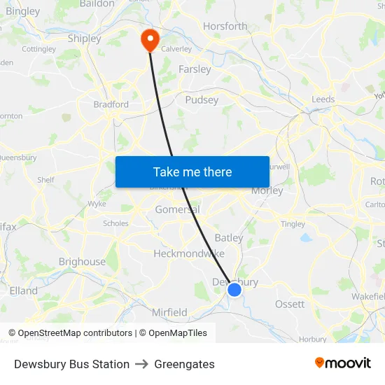 Dewsbury Bus Station to Greengates map