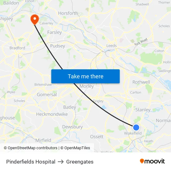Pinderfields Hospital to Greengates map