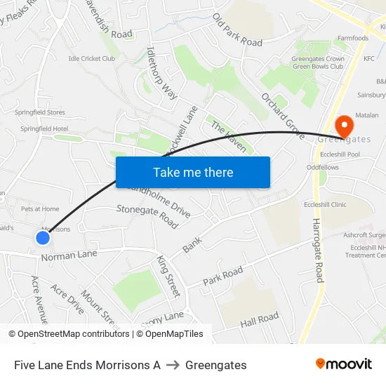 Five Lane Ends Morrisons A to Greengates map