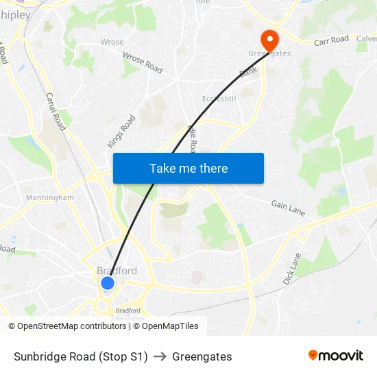 Sunbridge Road (Stop S1) to Greengates map