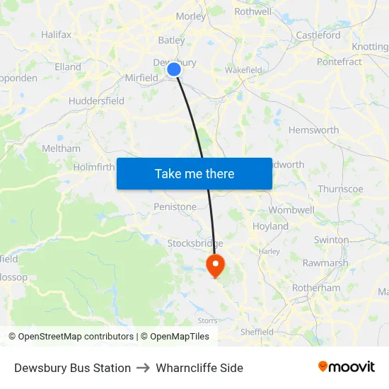 Dewsbury Bus Station to Wharncliffe Side map