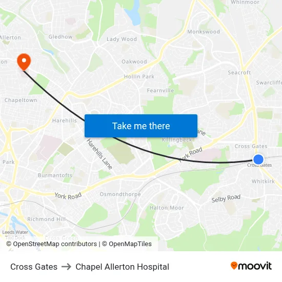 Cross Gates to Chapel Allerton Hospital map