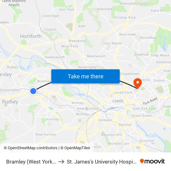 Bramley (West Yorks) to St. James's University Hospital map