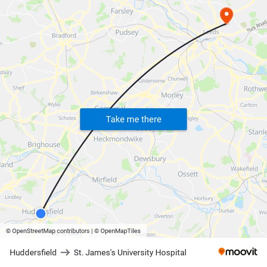 Huddersfield to St. James's University Hospital map
