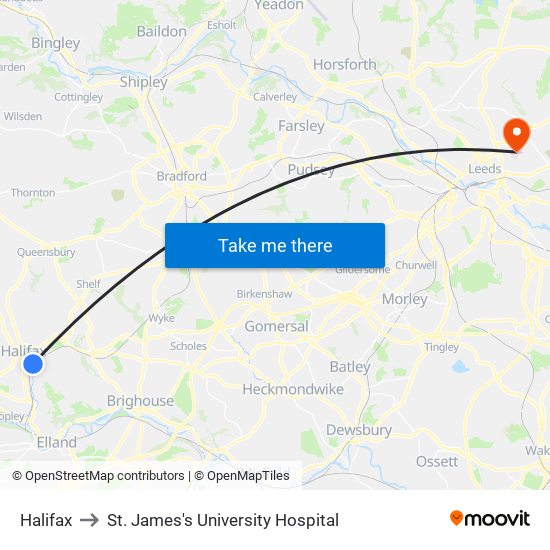 Halifax to St. James's University Hospital map