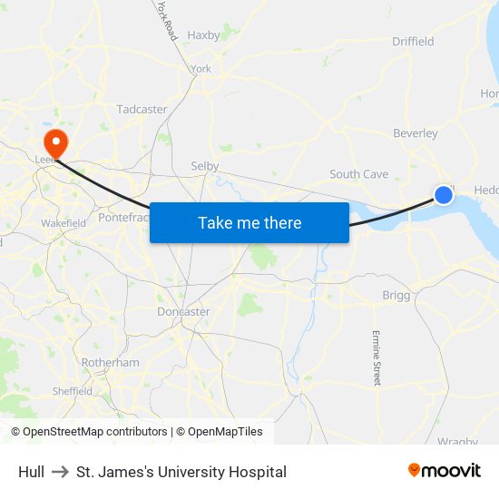 Hull to St. James's University Hospital map