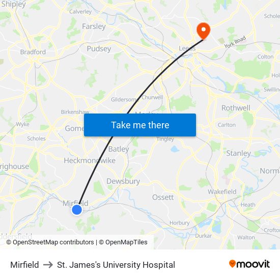 Mirfield to St. James's University Hospital map