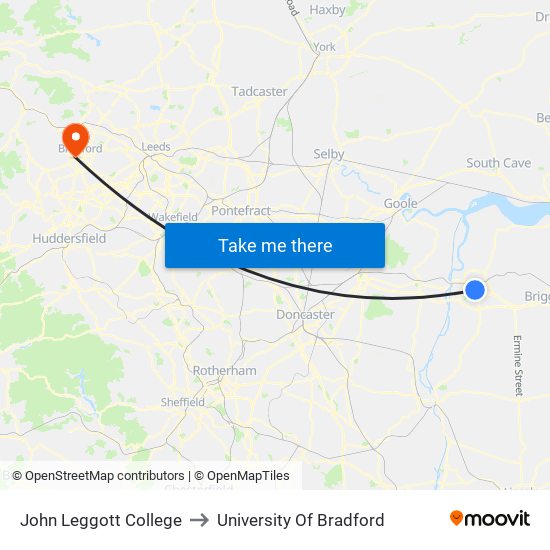 John Leggott College to University Of Bradford map