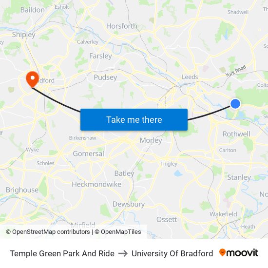 Temple Green Park And Ride to University Of Bradford map