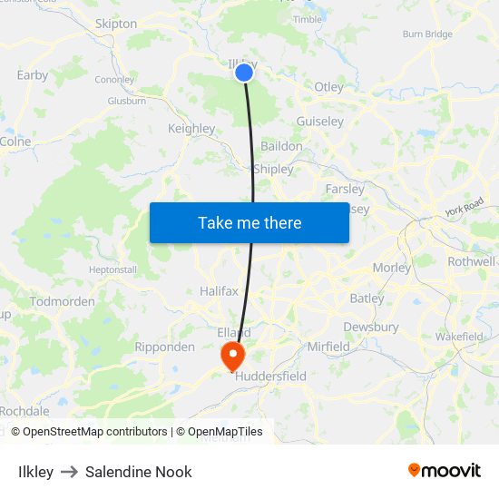 Ilkley to Salendine Nook map