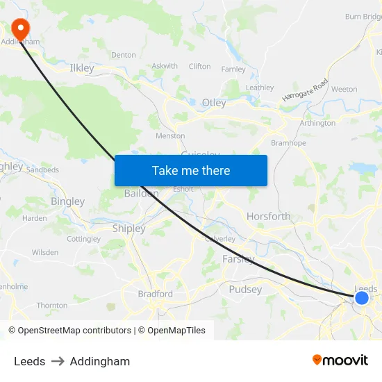 Leeds to Addingham map
