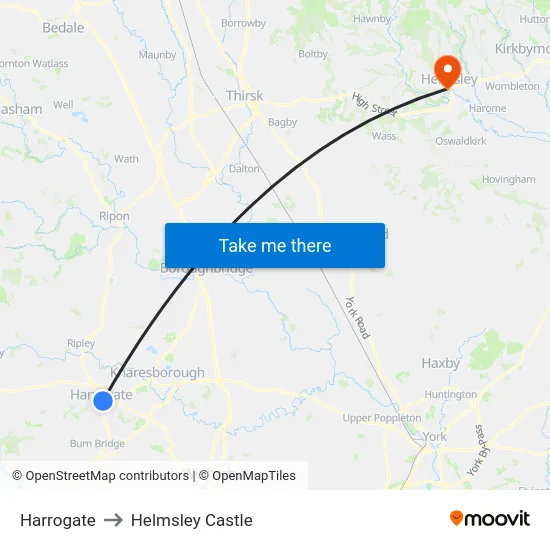 Harrogate to Helmsley Castle map