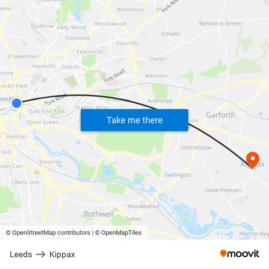 Leeds to Kippax map