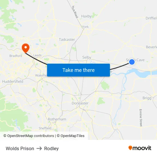 Wolds Prison to Rodley map