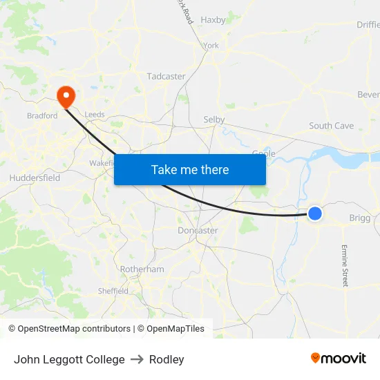John Leggott College to Rodley map