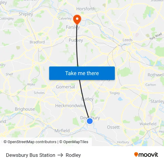 Dewsbury Bus Station to Rodley map