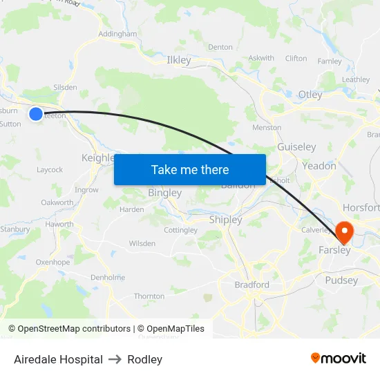 Airedale Hospital to Rodley map