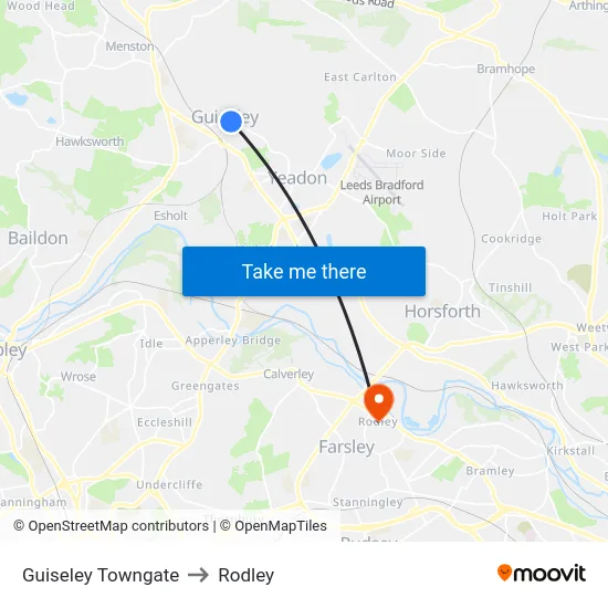 Guiseley Towngate to Rodley map