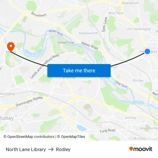 North Lane Library to Rodley map