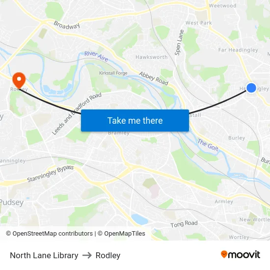 North Lane Library to Rodley map