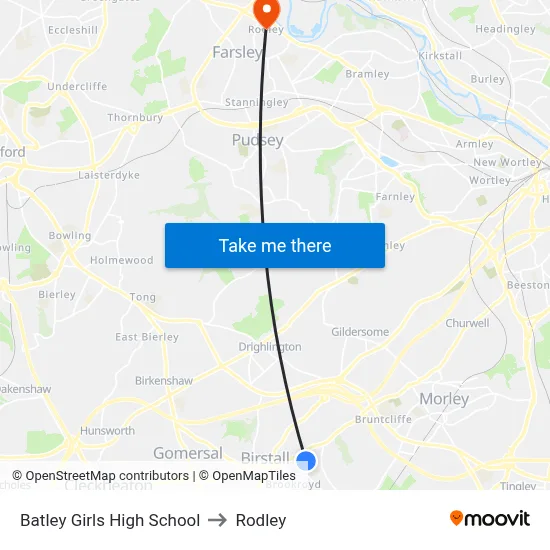 Batley Girls High School to Rodley map