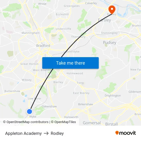 Appleton Academy to Rodley map
