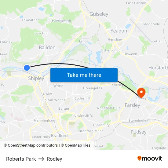 Roberts Park to Rodley map