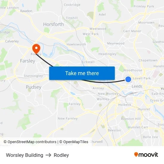 Worsley Building to Rodley map