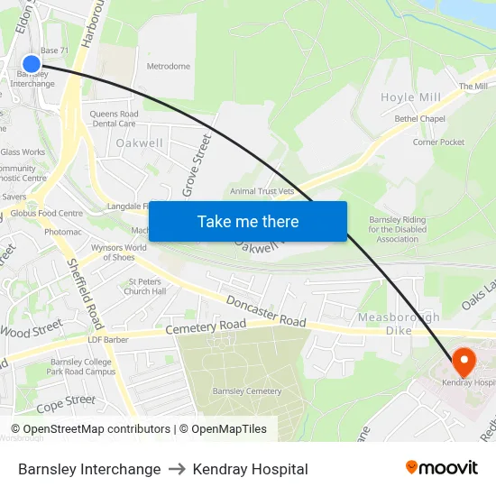 Barnsley Interchange to Kendray Hospital map