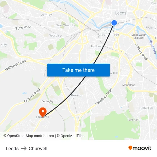 Leeds to Churwell map