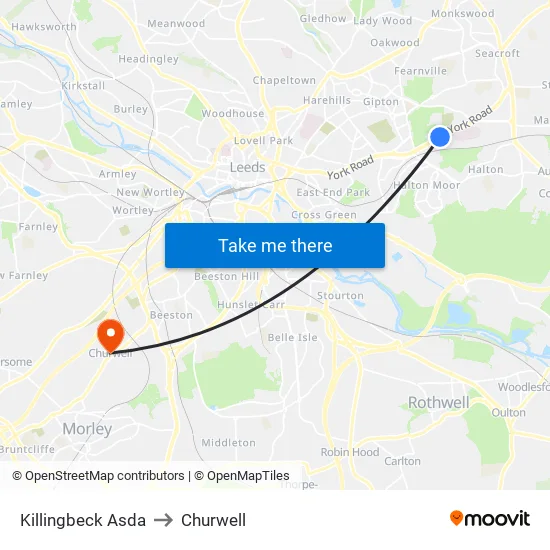 Killingbeck Asda to Churwell map