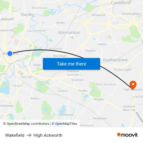 Wakefield to High Ackworth map