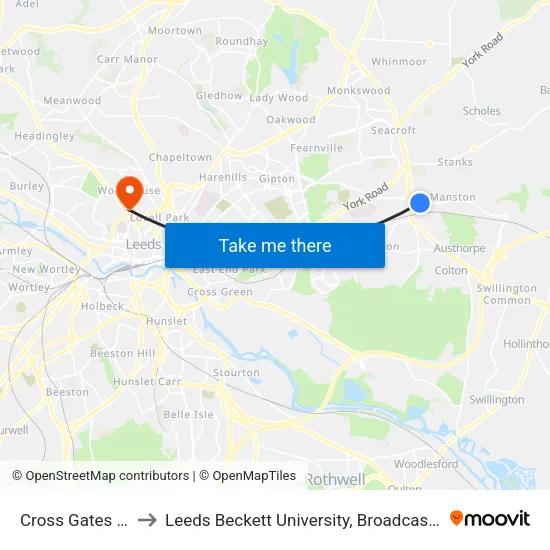 Cross Gates Ctr D to Leeds Beckett University, Broadcasting Place map