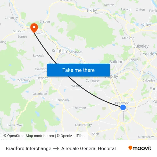 Bradford Interchange to Airedale General Hospital map