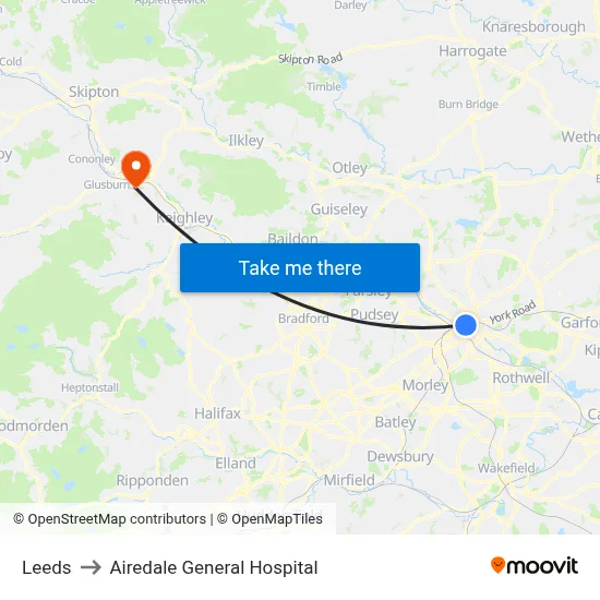 Leeds to Airedale General Hospital map