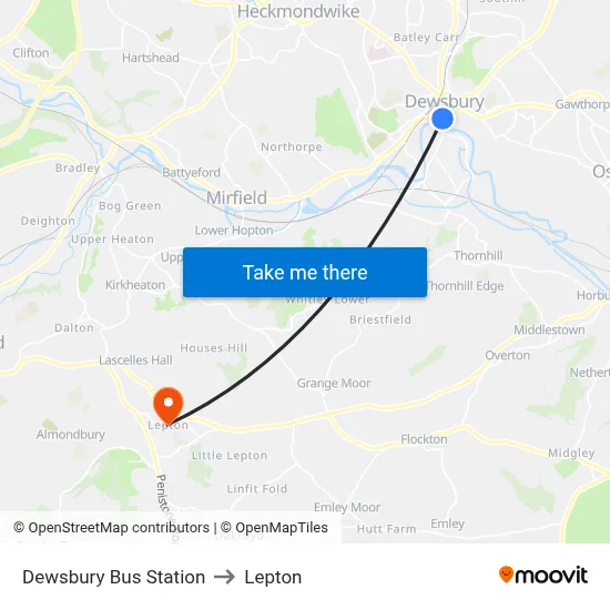 Dewsbury Bus Station to Lepton map