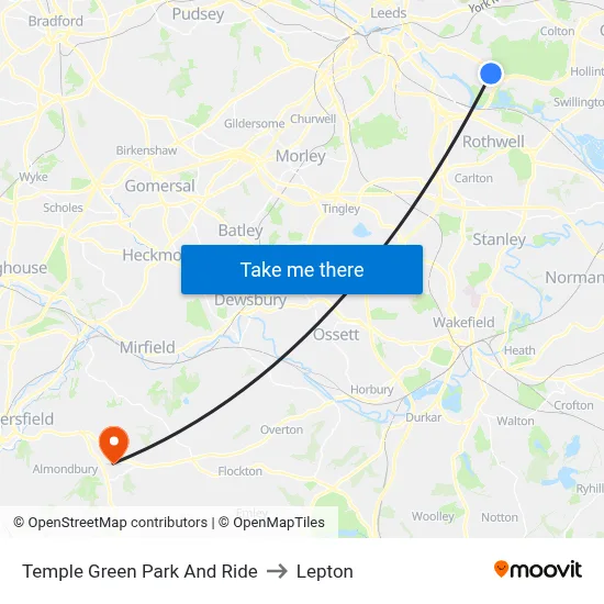 Temple Green Park And Ride to Lepton map