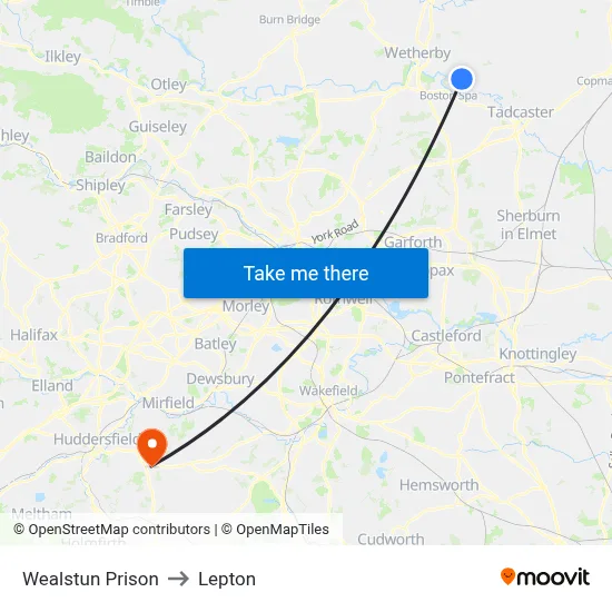 Wealstun Prison to Lepton map