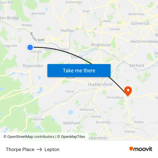 Thorpe Place to Lepton map