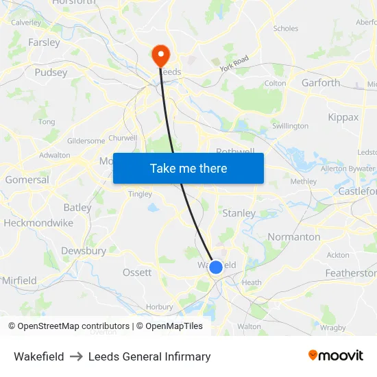 Wakefield to Leeds General Infirmary map