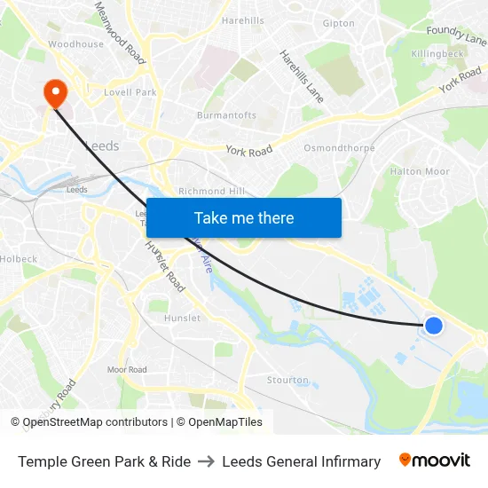 Temple Green Park & Ride to Leeds General Infirmary map