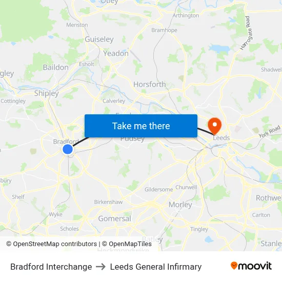 Bradford Interchange to Leeds General Infirmary map