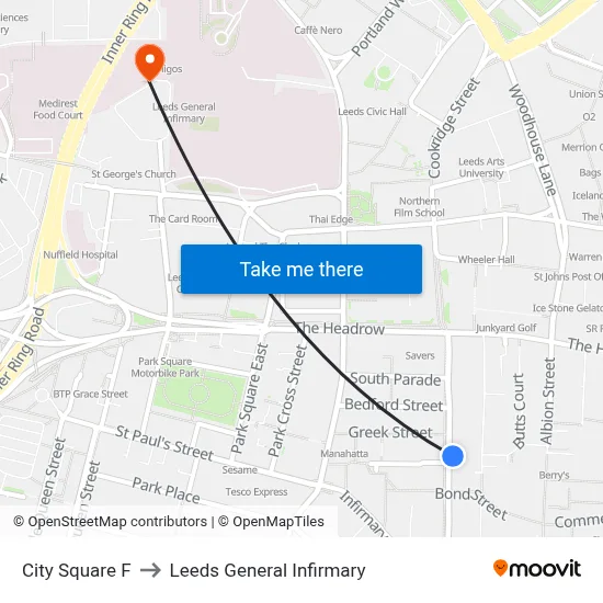 City Square F to Leeds General Infirmary map