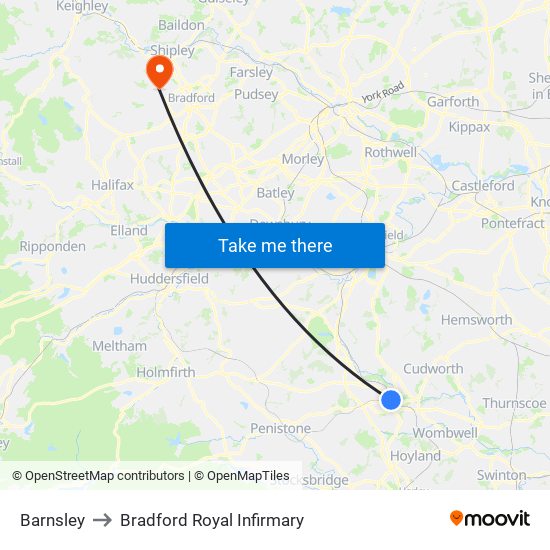 Barnsley to Bradford Royal Infirmary map