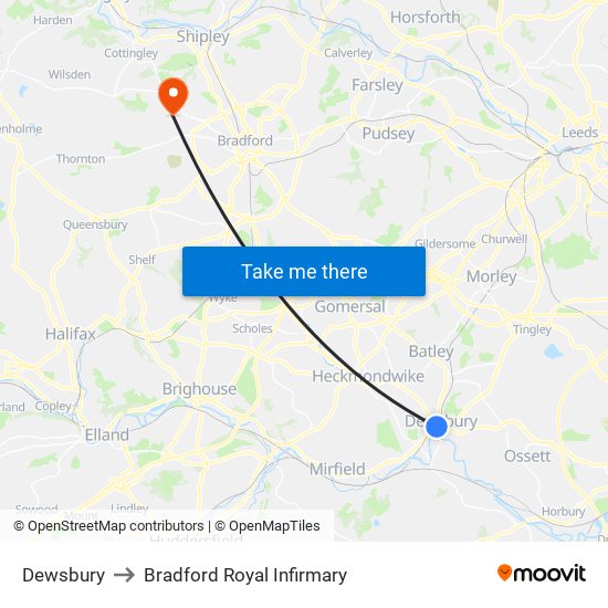 Dewsbury to Bradford Royal Infirmary map